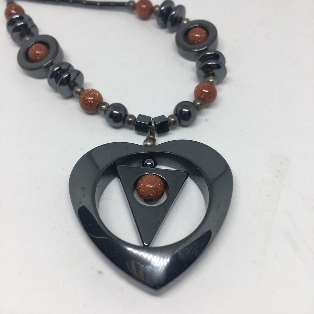 𝅺HEMATITE & goldstone necklace heart pendant